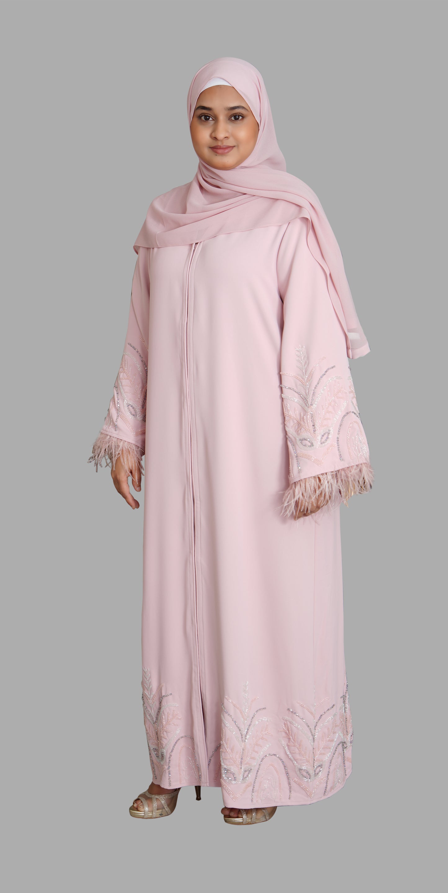 Two-Piece Embellished Closed Feather Abaya - Blush Pink