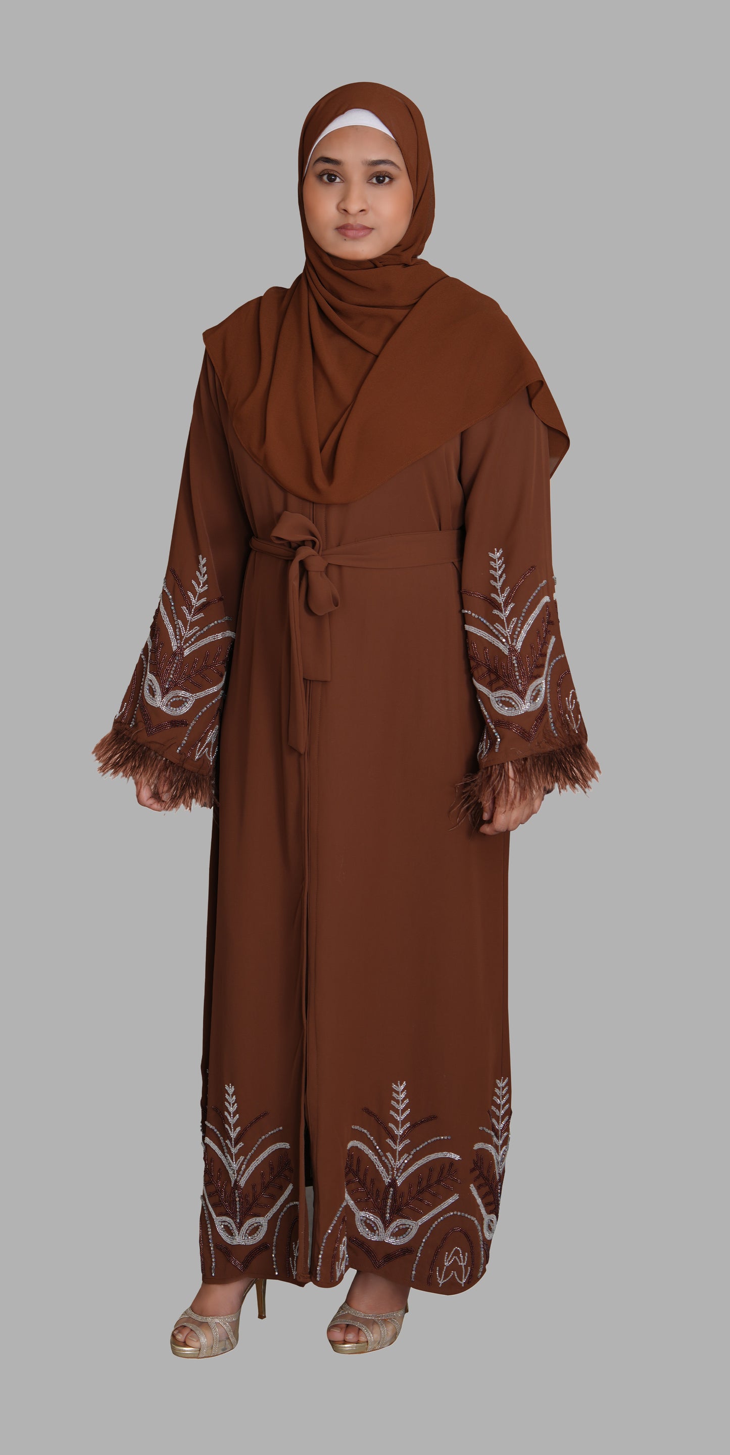 Two-Piece Embellished Closed Feather Abaya - Toffee Brown