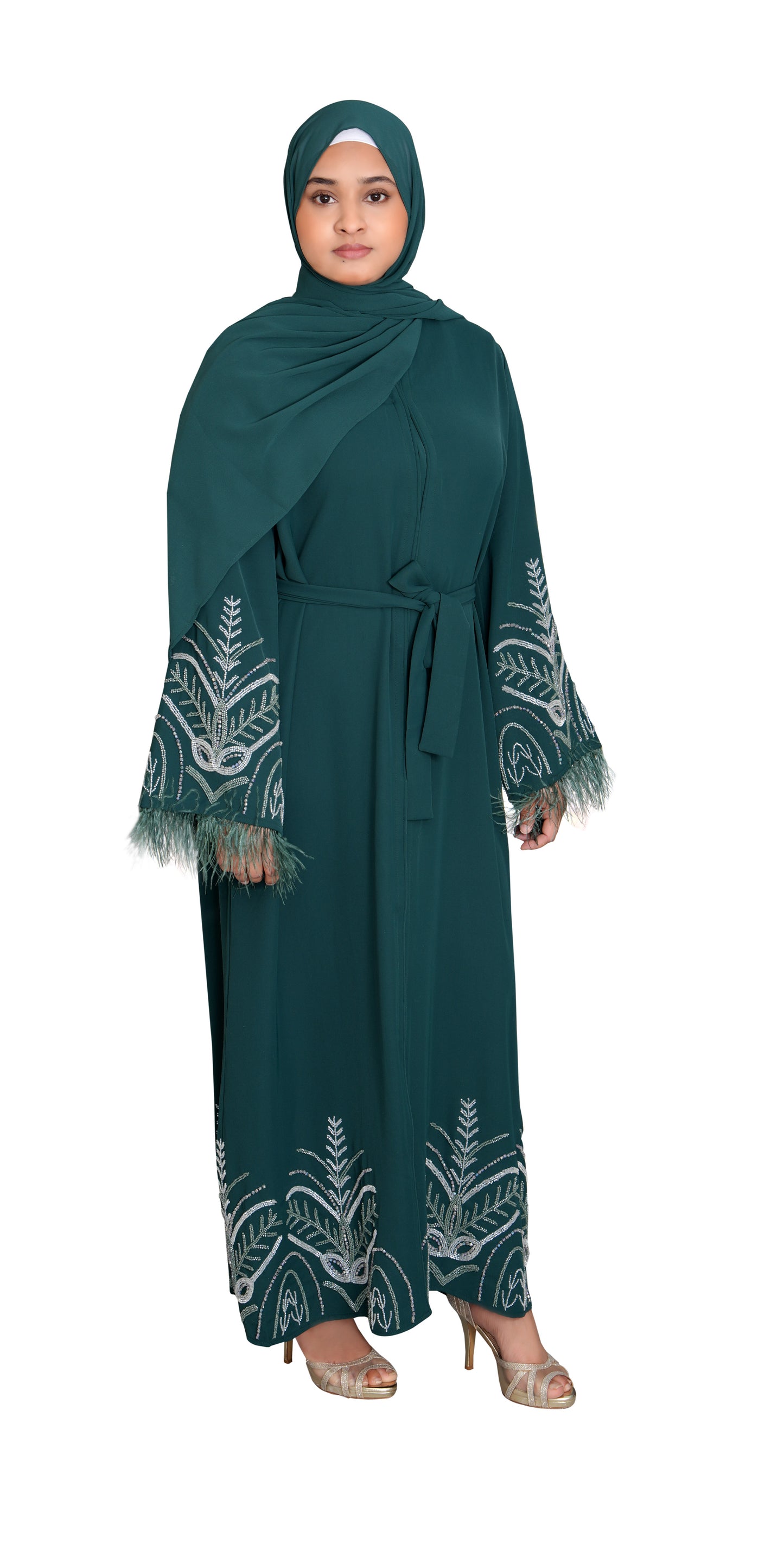 Two-Piece Embellished Closed Feather Abaya - Viridian Green